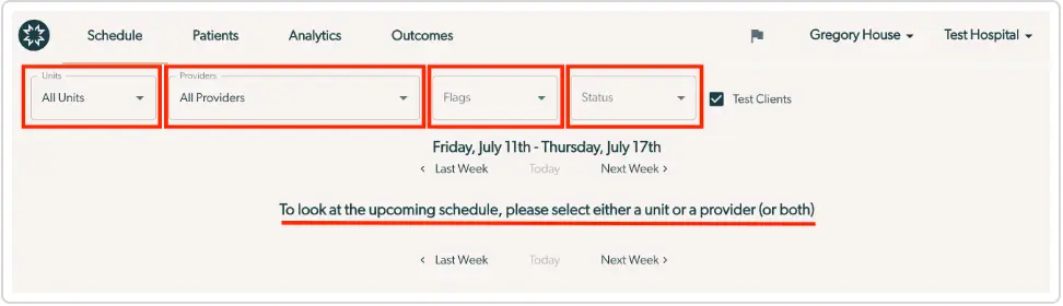 Mirah Measurement-Based Care Schedule View interface for working with patients, showing filters for units, providers, flags, and status, with navigation options for different weeks.