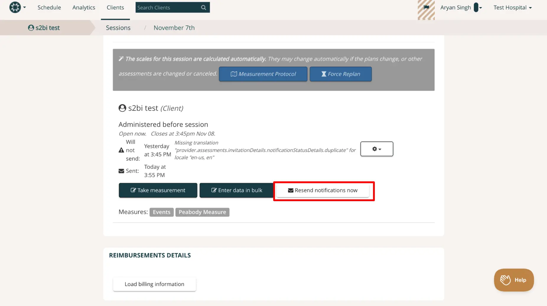 Mirah Measurement-Based Care client session details for s2bi test on November 7th with options to resend notifications, take measurement, and enter data in bulk.