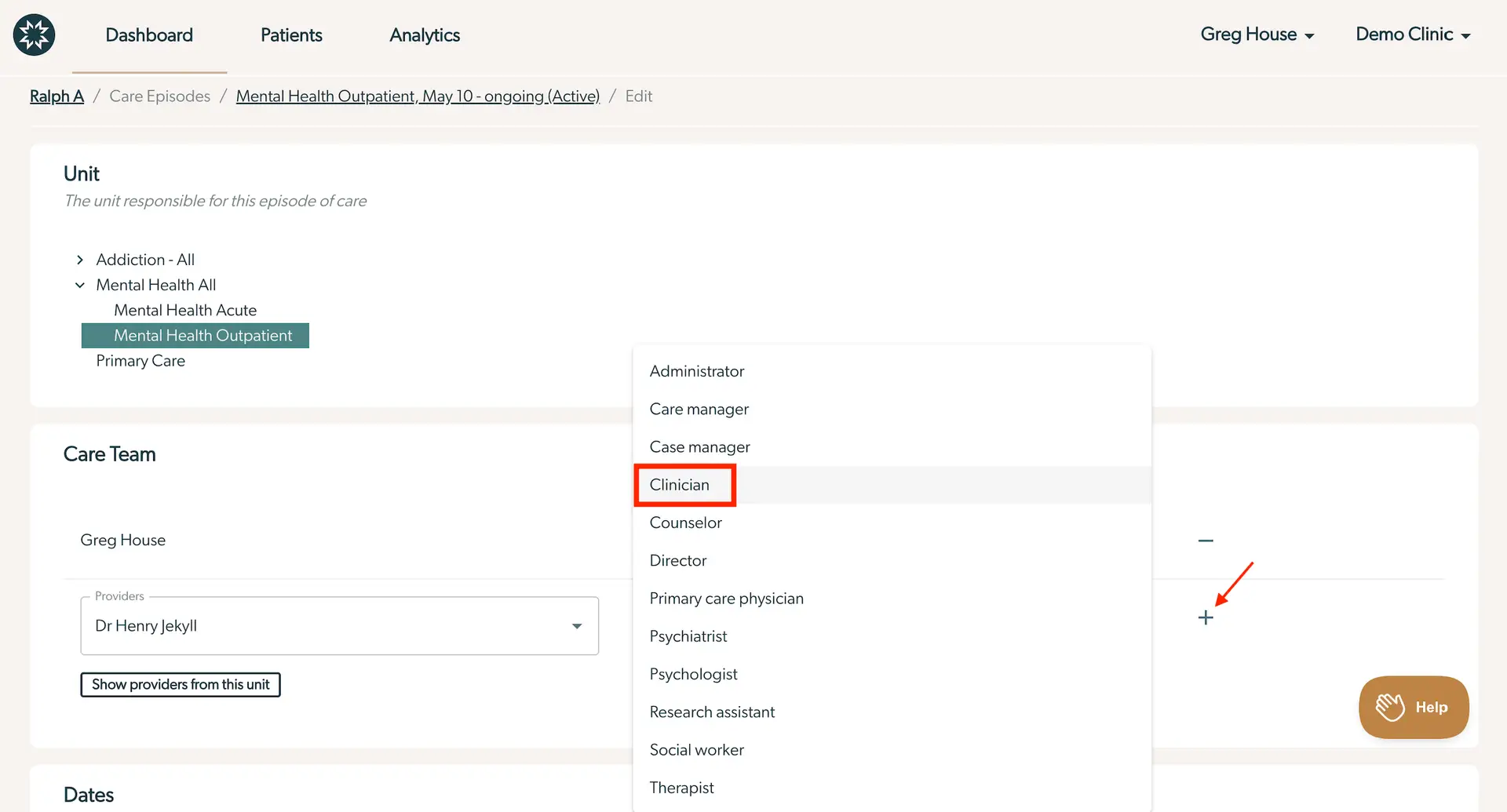 Mirah Measurement-Based Care interface for editing care team in Mental Health Outpatient episode