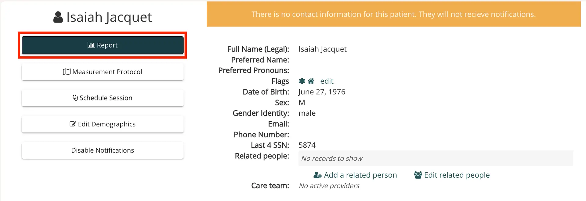 Patient profile page for Isaiah Jacquet in Mirah Measurement-Based Care platform, showing options for report access, measurement protocol, session scheduling, demographic editing, and notification settings.