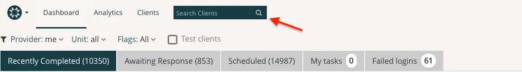 Mirah Measurement-Based Care top navigation bar with search clients feature