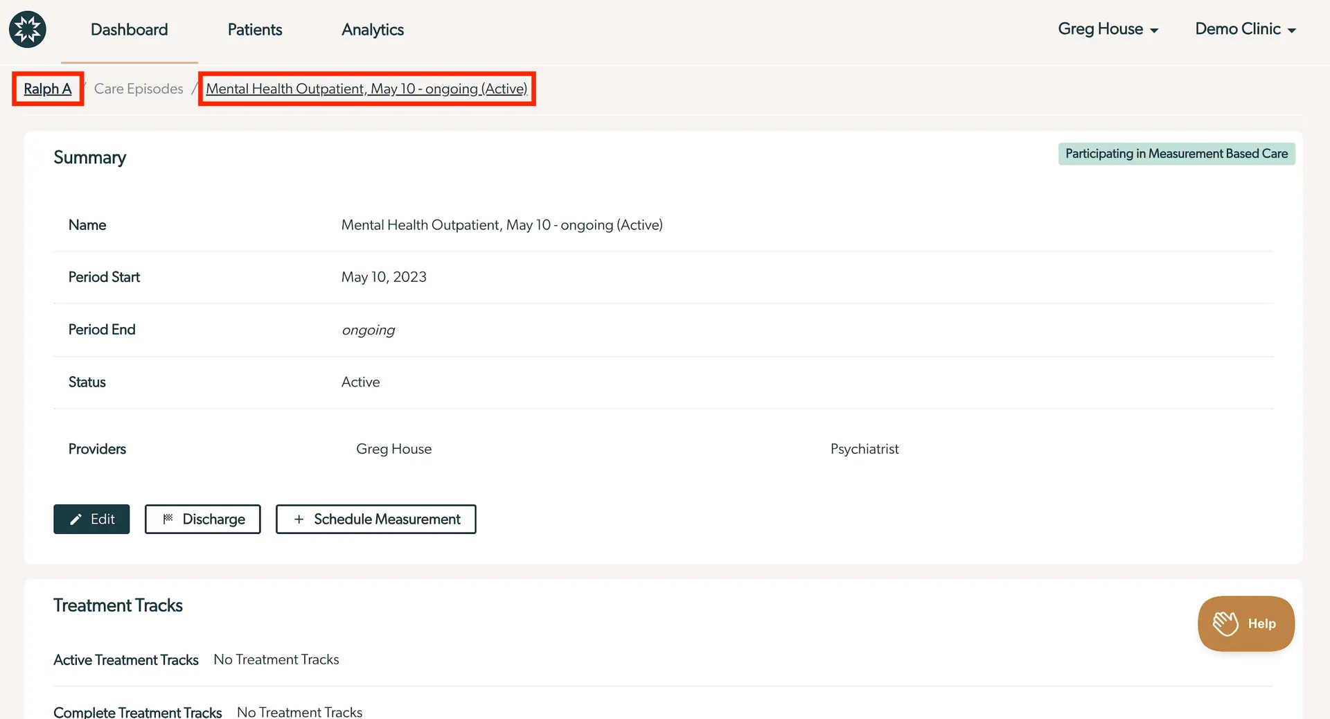 Mirah Measurement-Based Care, Care Episodes for Ralph A, Mental Health Outpatient, May 10 - ongoing (Active)