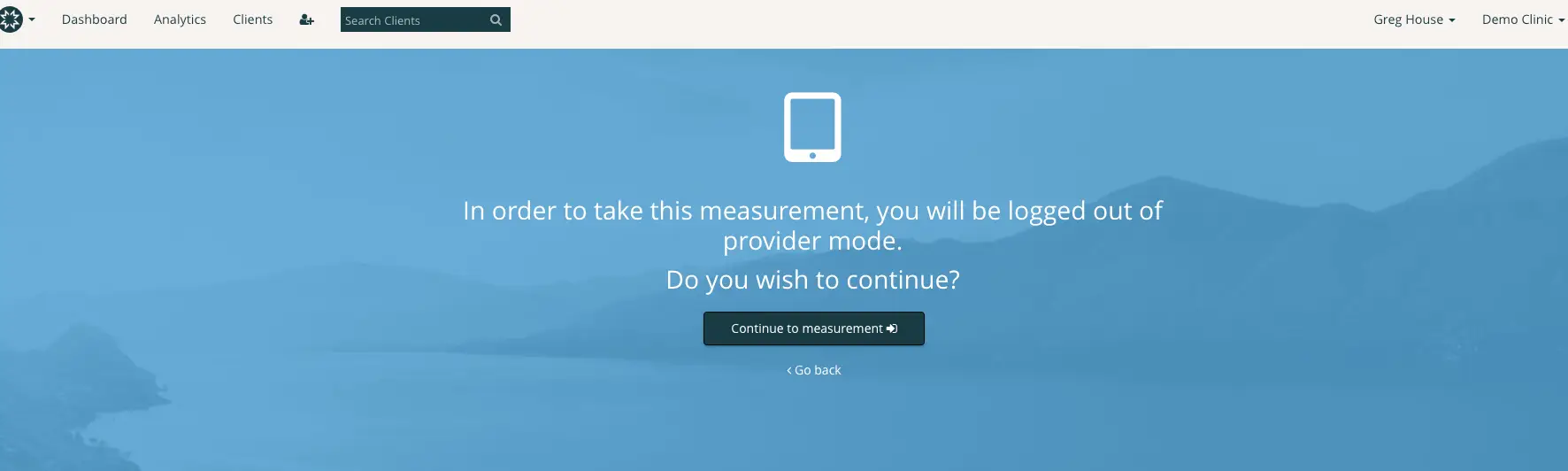 Mirah Measurement-Based Care screen prompting logout from provider mode to take measurement