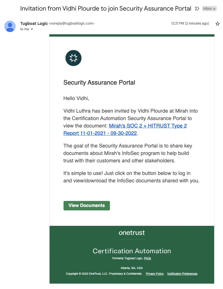 Email invitation to join Security Assurance Portal from Vidhi Plourde via Tugboat Logic