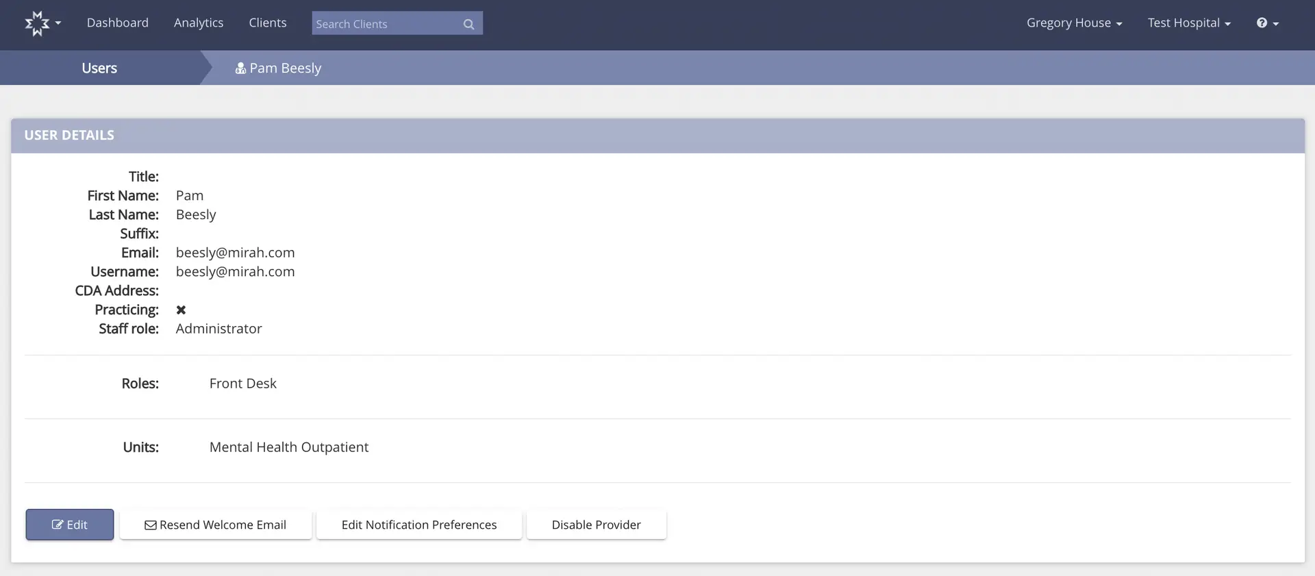 Mirah Measurement-Based Care user details page for Pam Beesly