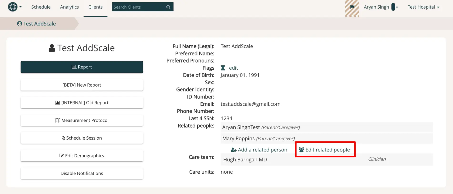 Mirah Measurement-Based Care client profile page for Test AddScale in Clients section.