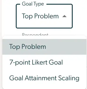 Mirah Measurement-Based Care Goals/Top Problems feature showing goal type selection dropdown with options: Top Problem, 7-point Likert Goal, Goal Attainment Scaling.
