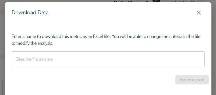 Mirah Measurement-Based Care Outcomes Framework - Download Data modal for exporting metrics as Excel file.