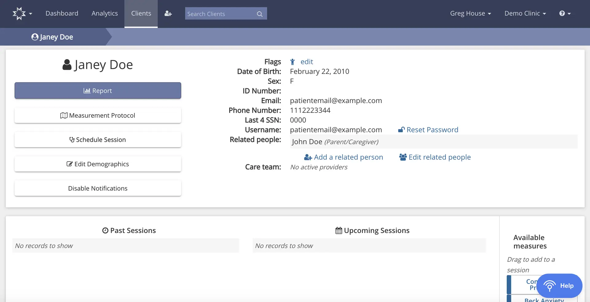 Mirah Measurement-Based Care - Clients - Janey Doe Details Page