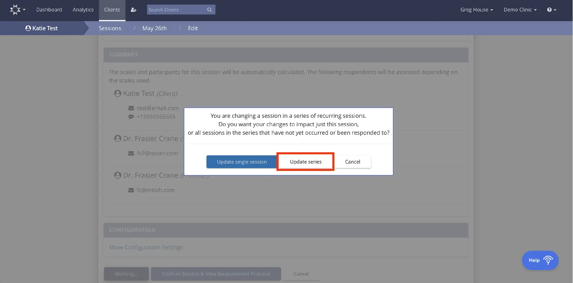 Mirah Measurement-Based Care - Clients - Sessions - May 26th - Edit - Update session dialog