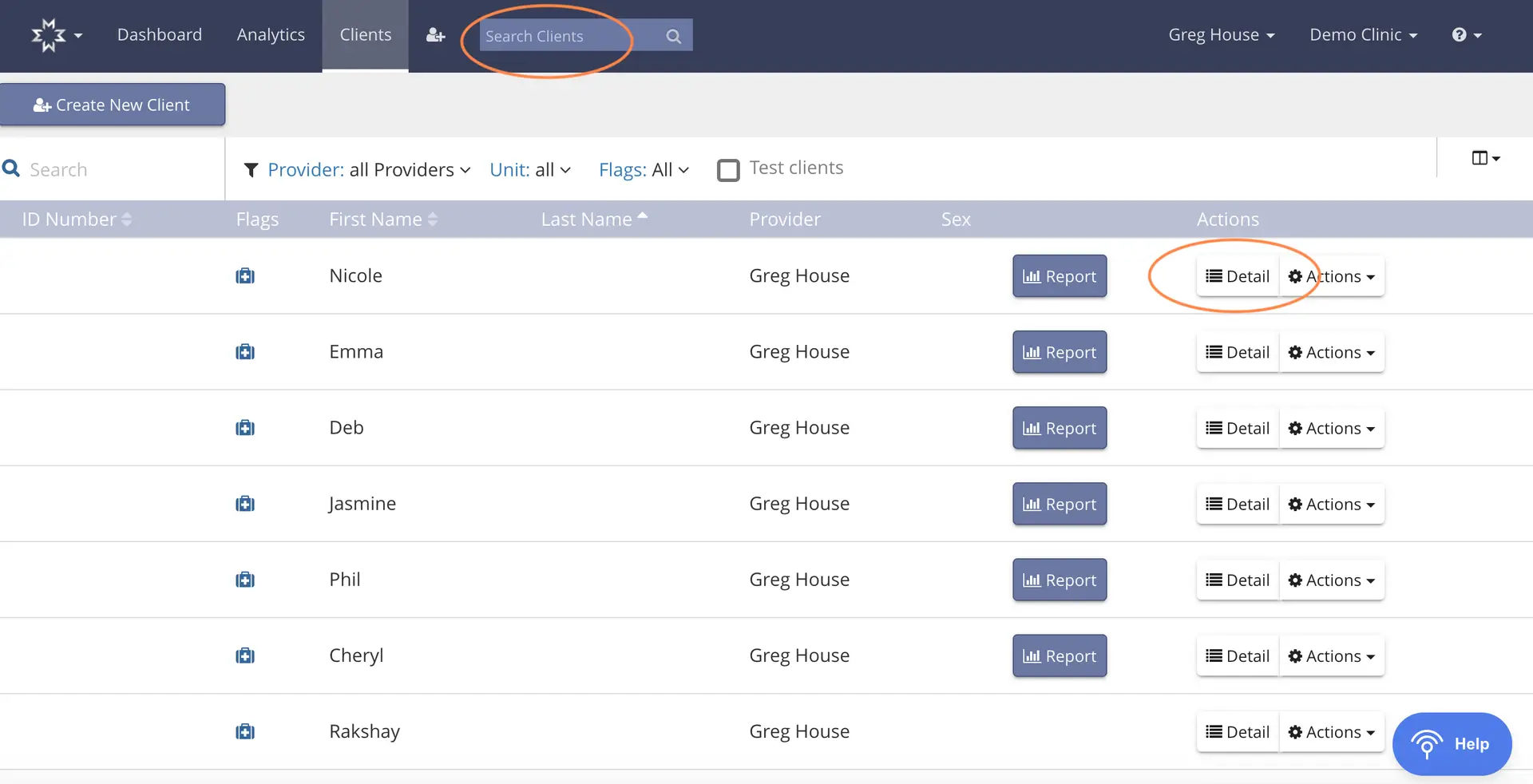 Mirah Measurement-Based Care Clients section showing patient list with options to view details, generate reports, and perform actions.