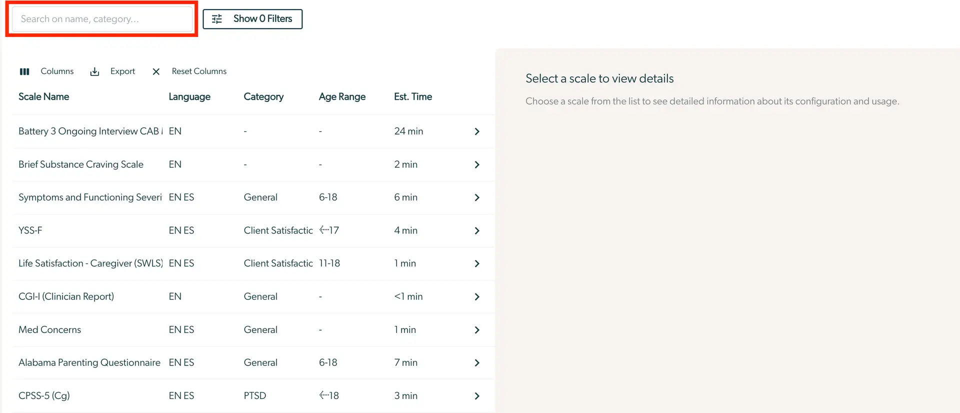 Mirah Measurement-Based Care Measure Library interface showing a list of scales with search and filter options.
