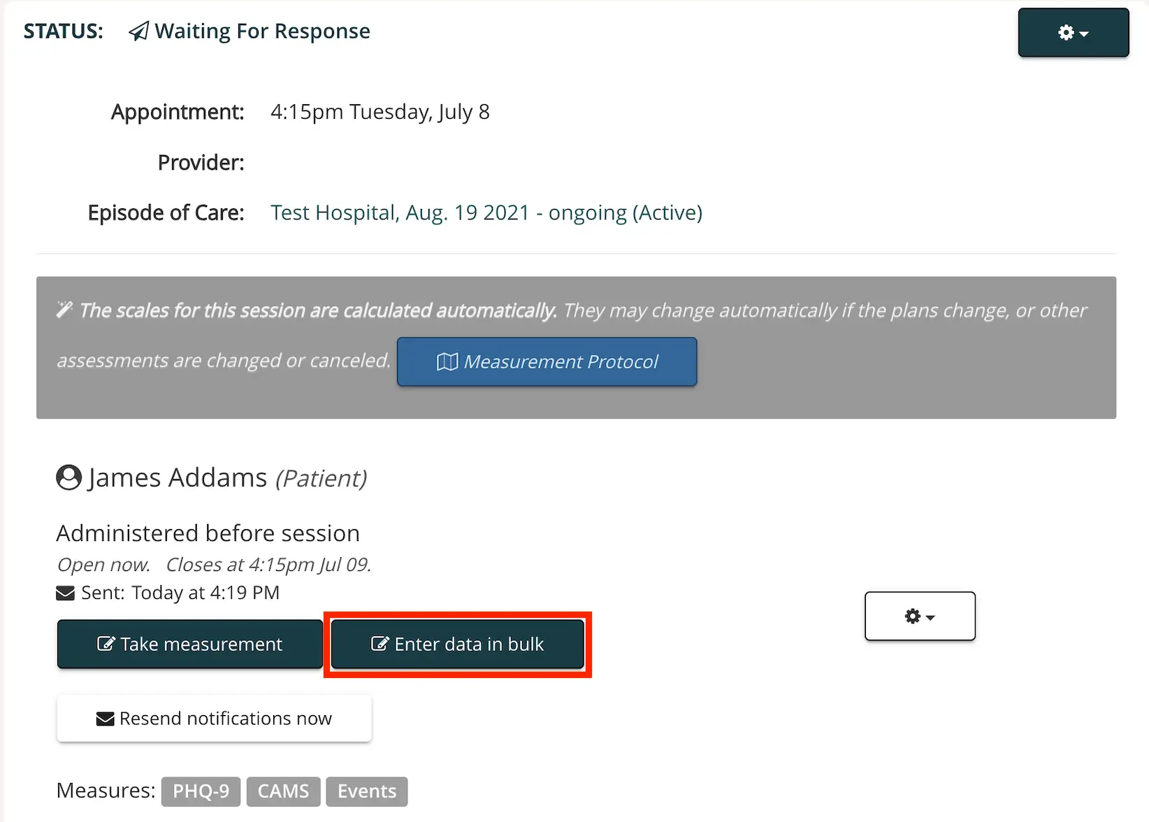 Mirah Measurement-Based Care interface for editing patient or caregiver measure responses, showing appointment details and options for taking measurements or entering data in bulk.