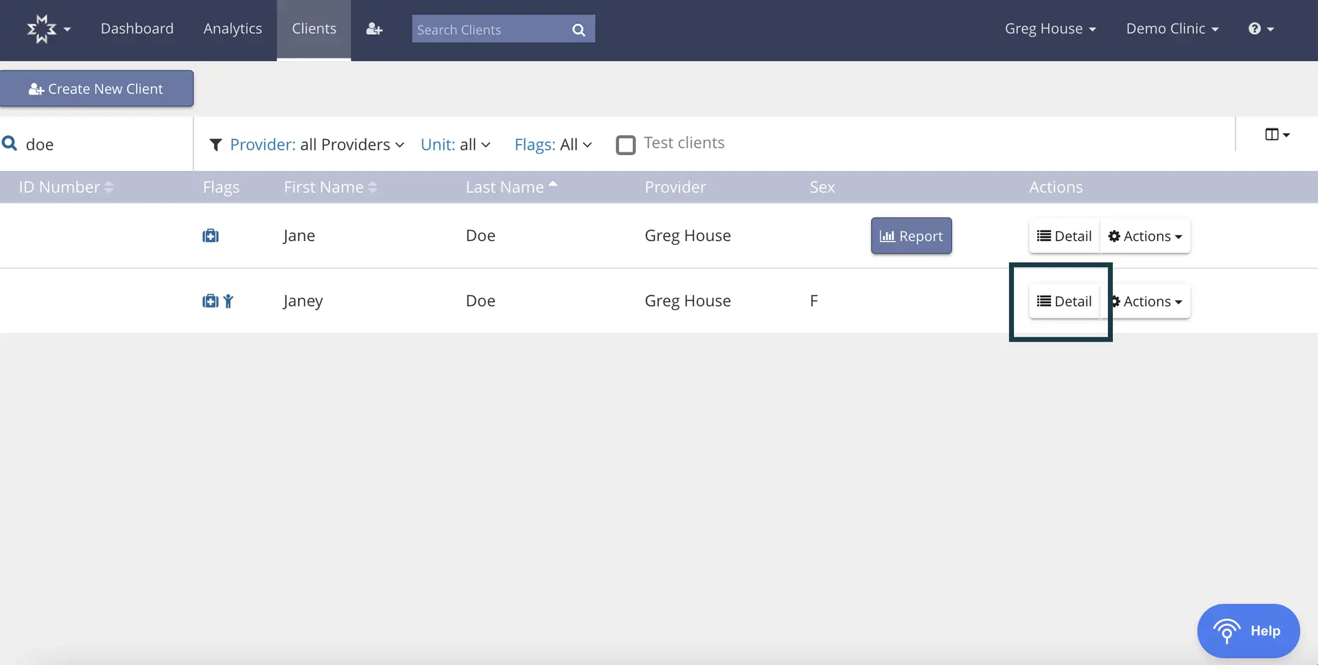 Mirah Measurement-Based Care Clients section showing client list filtered by 'doe'.