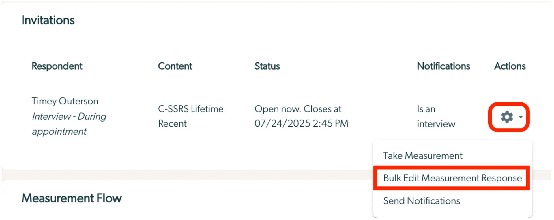Mirah Measurement-Based Care Invitations section showing respondent details and actions.