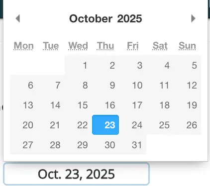 Calendar interface for October 2025 in Mirah Measurement-Based Care tool, with October 23 selected.