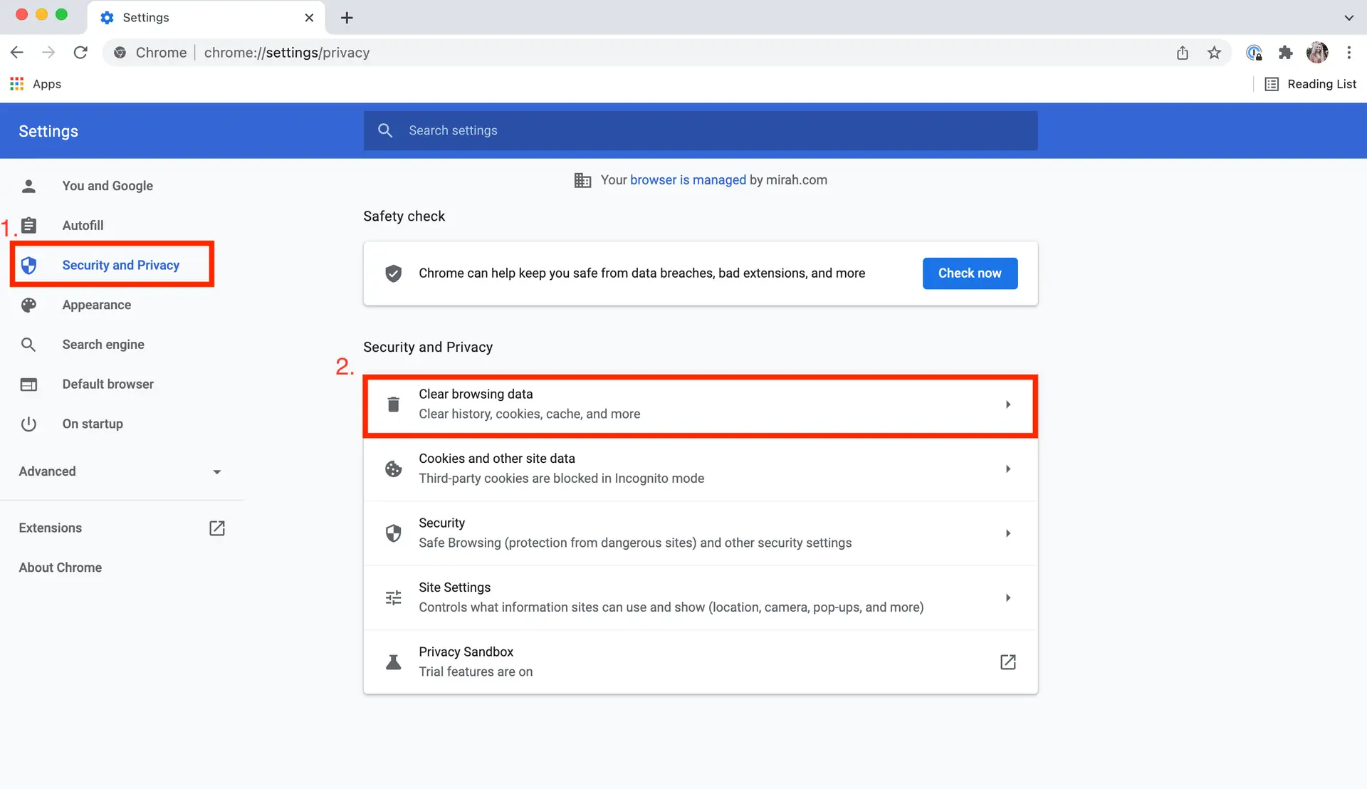 Chrome Settings Security and Privacy page, highlighting Clear browsing data option.