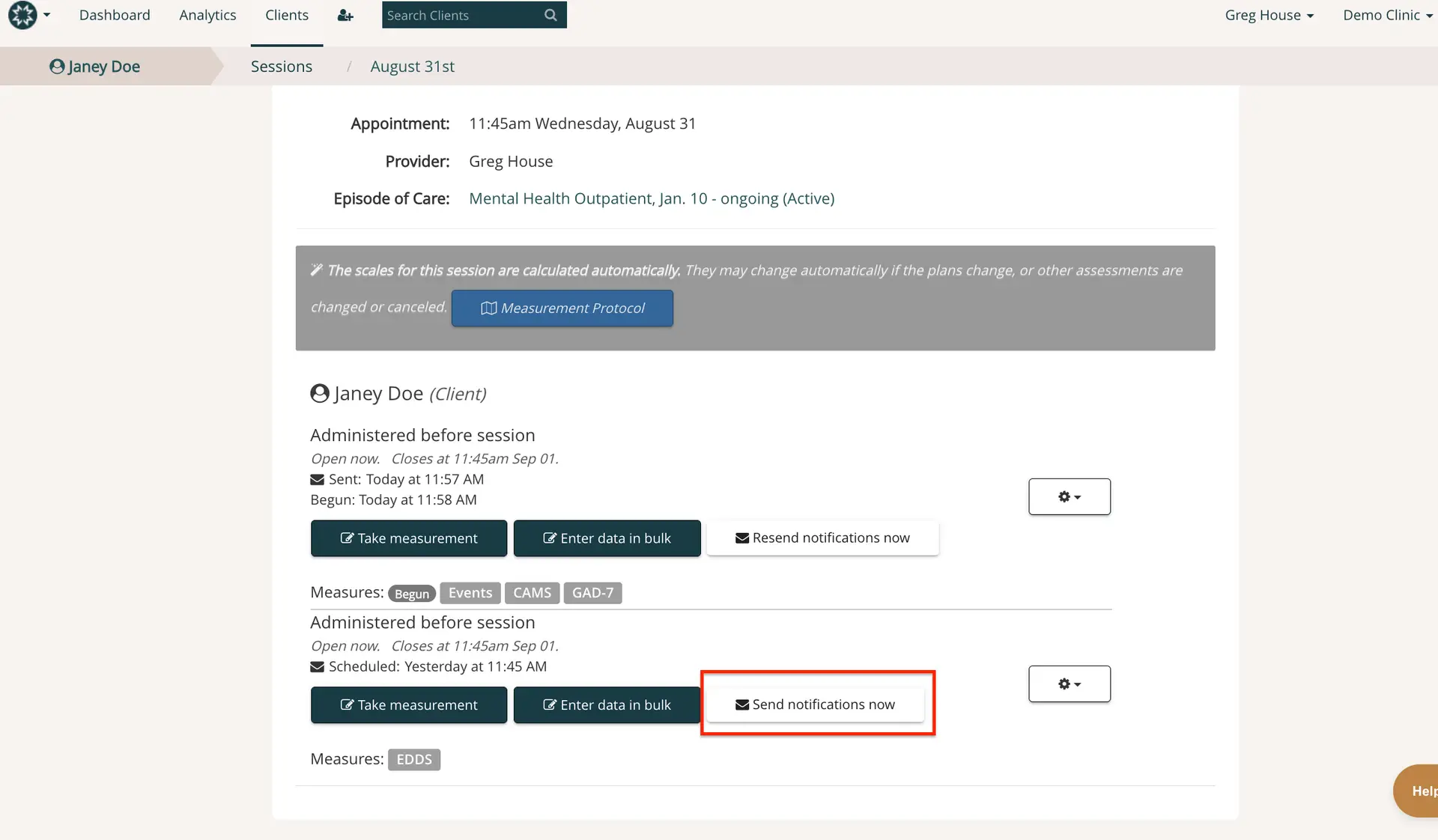 Mirah Measurement-Based Care session screen for August 31st with options to send client measures in-session.