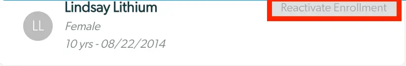 Patient profile for Lindsay Lithium with Reactivate Enrollment button in Mirah Measurement-Based Care.