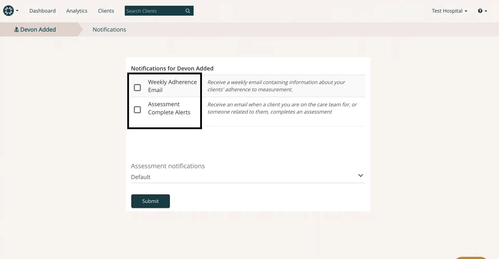 Mirah Measurement-Based Care - Devon Added Notifications settings page