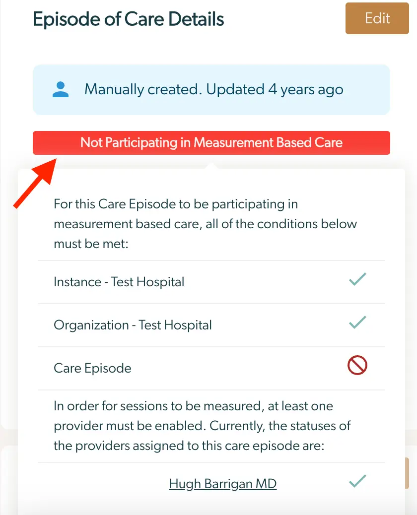 Episode of Care Details page showing status not participating in measurement-based care with conditions listed.