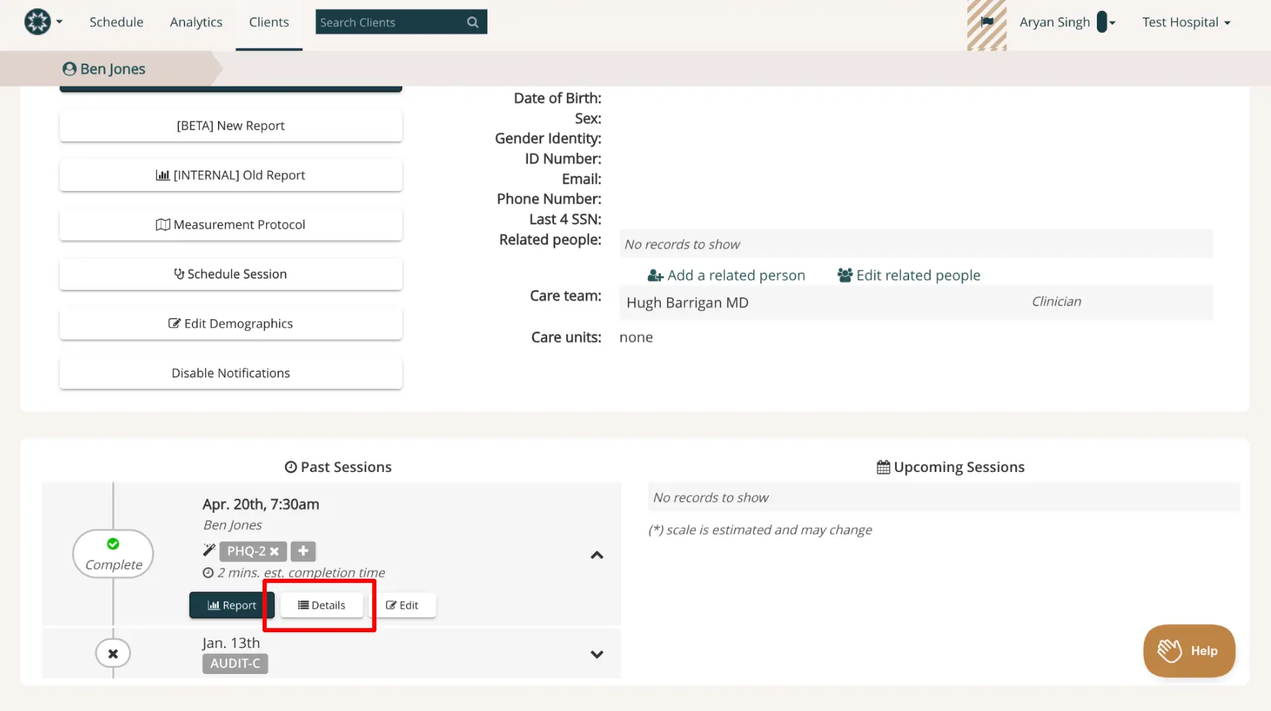 Mirah Measurement-Based Care client management screen for Ben Jones showing past sessions and client details.