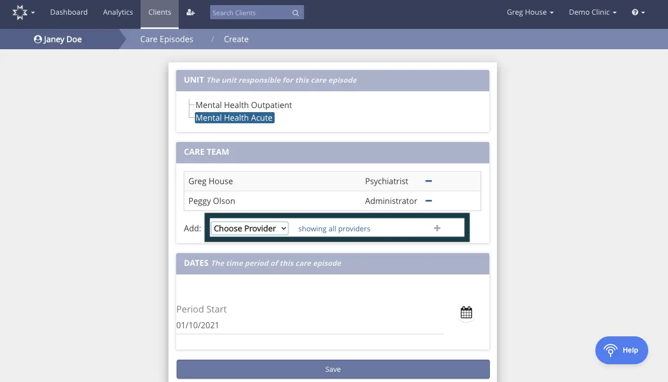 Mirah Measurement-Based Care - Care Episodes Create screen showing unit selection, care team management, and date setting for transitioning a patient to a new program.