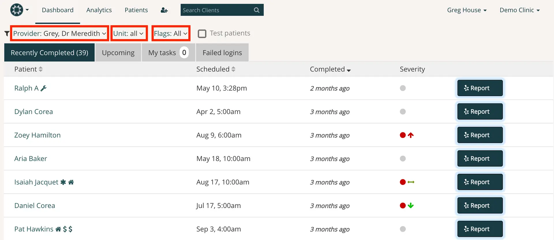 Mirah Measurement-Based Care - Working with Patients screen showing clinical feedback reports with filters for provider, unit, and flags, and a list of patients with report buttons.