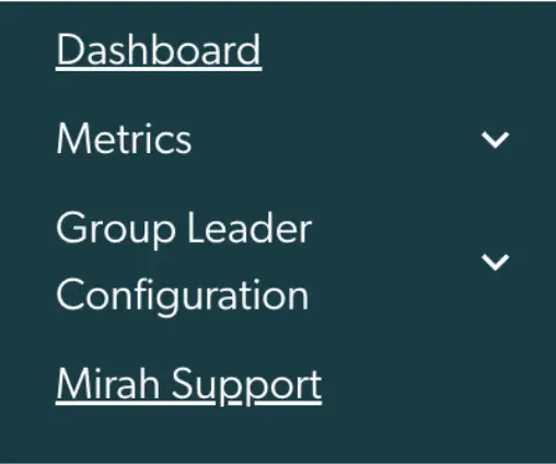 Mirah Multi-Site Manager navigation menu with options for Dashboard, Metrics, Group Leader Configuration, and Mirah Support.
