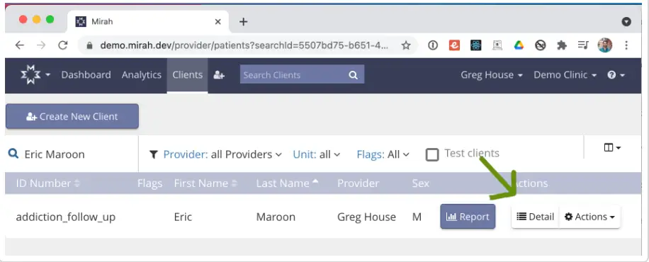 Mirah client management interface showing Eric Maroon's profile with options for Report, Detail, and Actions.