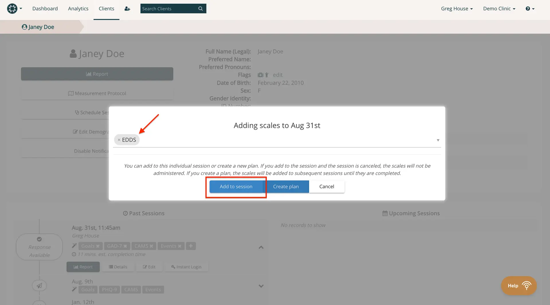 Mirah Measurement-Based Care - Adding scales to Aug 31st session for Janey Doe