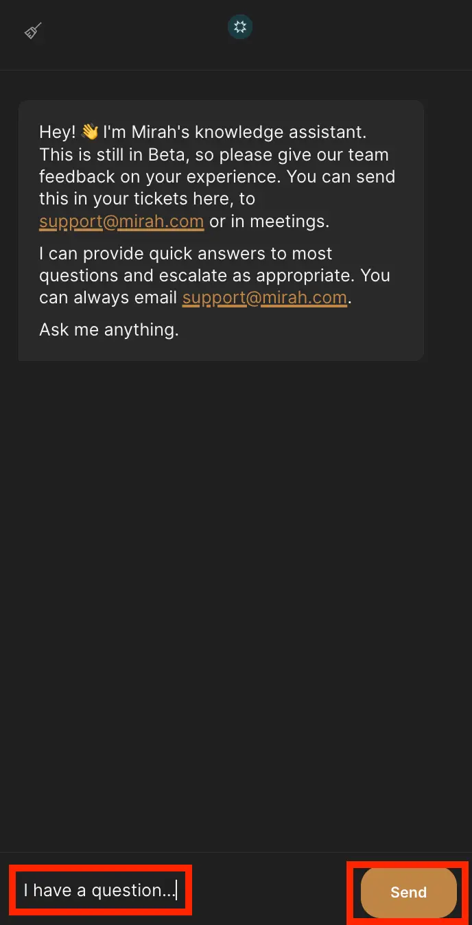 Mirah Measurement-Based Care knowledge assistant chat interface with text input and send button.