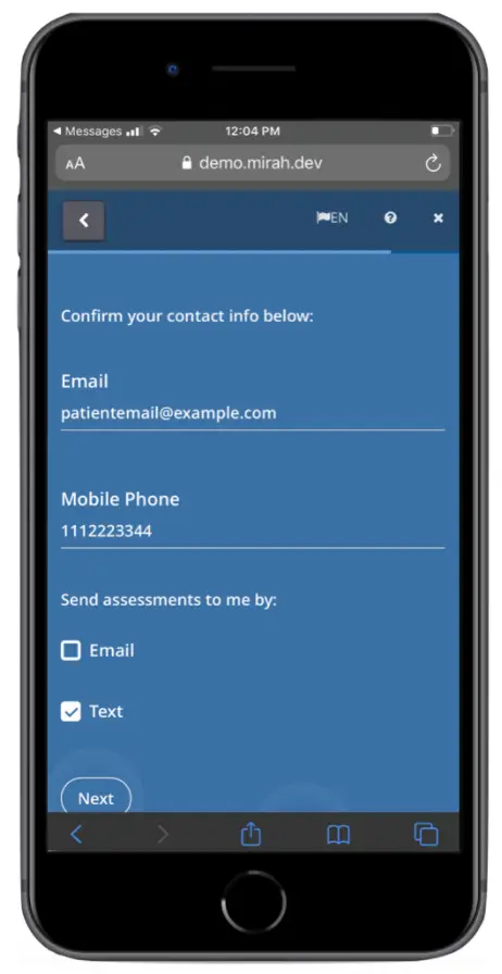 Mirah Measurement-Based Care - Confirm Contact Info Screen
