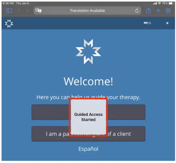 Mirah Measurement-Based Care iPad Welcome Screen with Guided Access Started