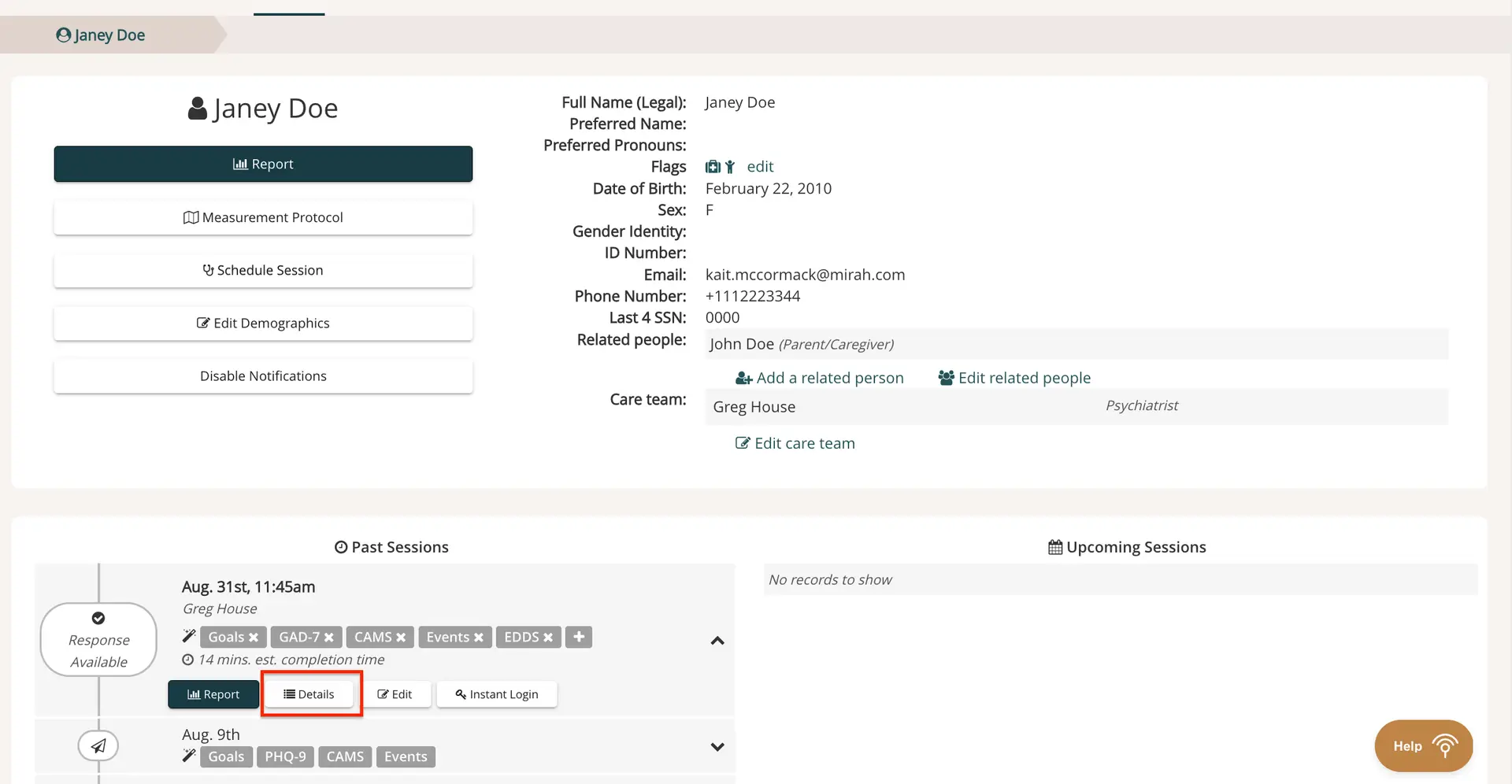 Mirah Measurement-Based Care - Janey Doe Profile and Past Sessions
