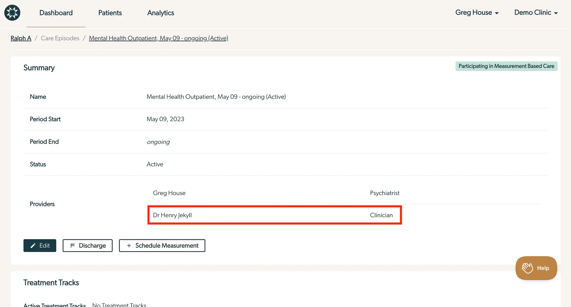 Breadcrumbs: Ralph A / Care Episodes / Mental Health Outpatient, May 09 - ongoing (Active) - Summary page for patient's care episode in Mirah Measurement-Based Care platform.