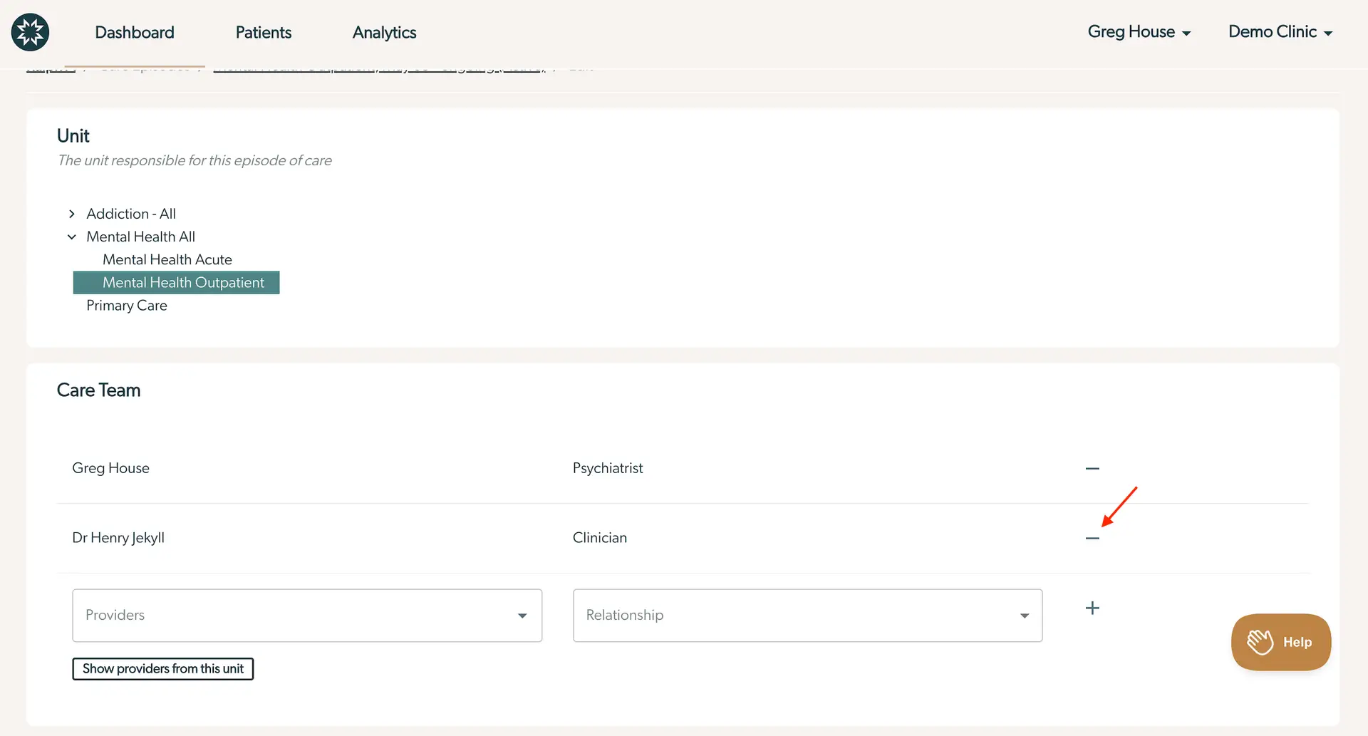 Mirah Measurement-Based Care interface for designating or updating a primary clinician or care team, showing unit and care team details.