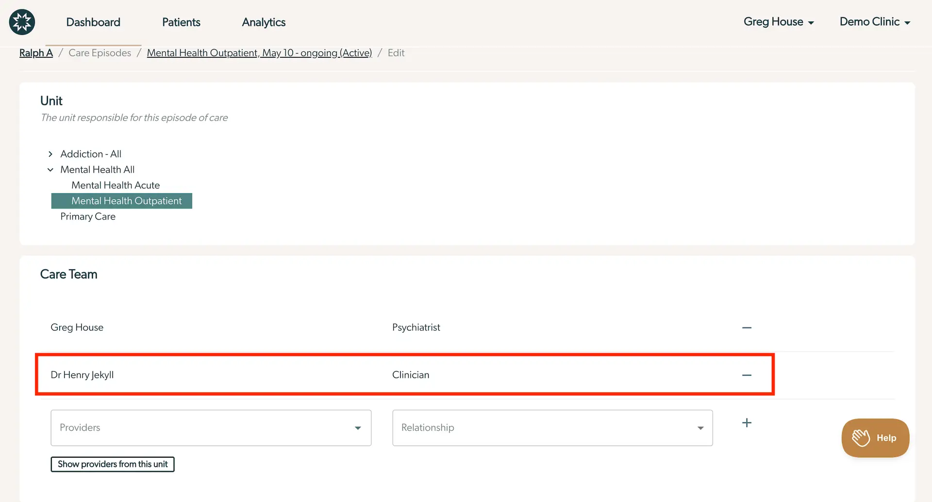 Screenshot of Mirah Measurement-Based Care interface showing care team designation for Mental Health Outpatient episode.