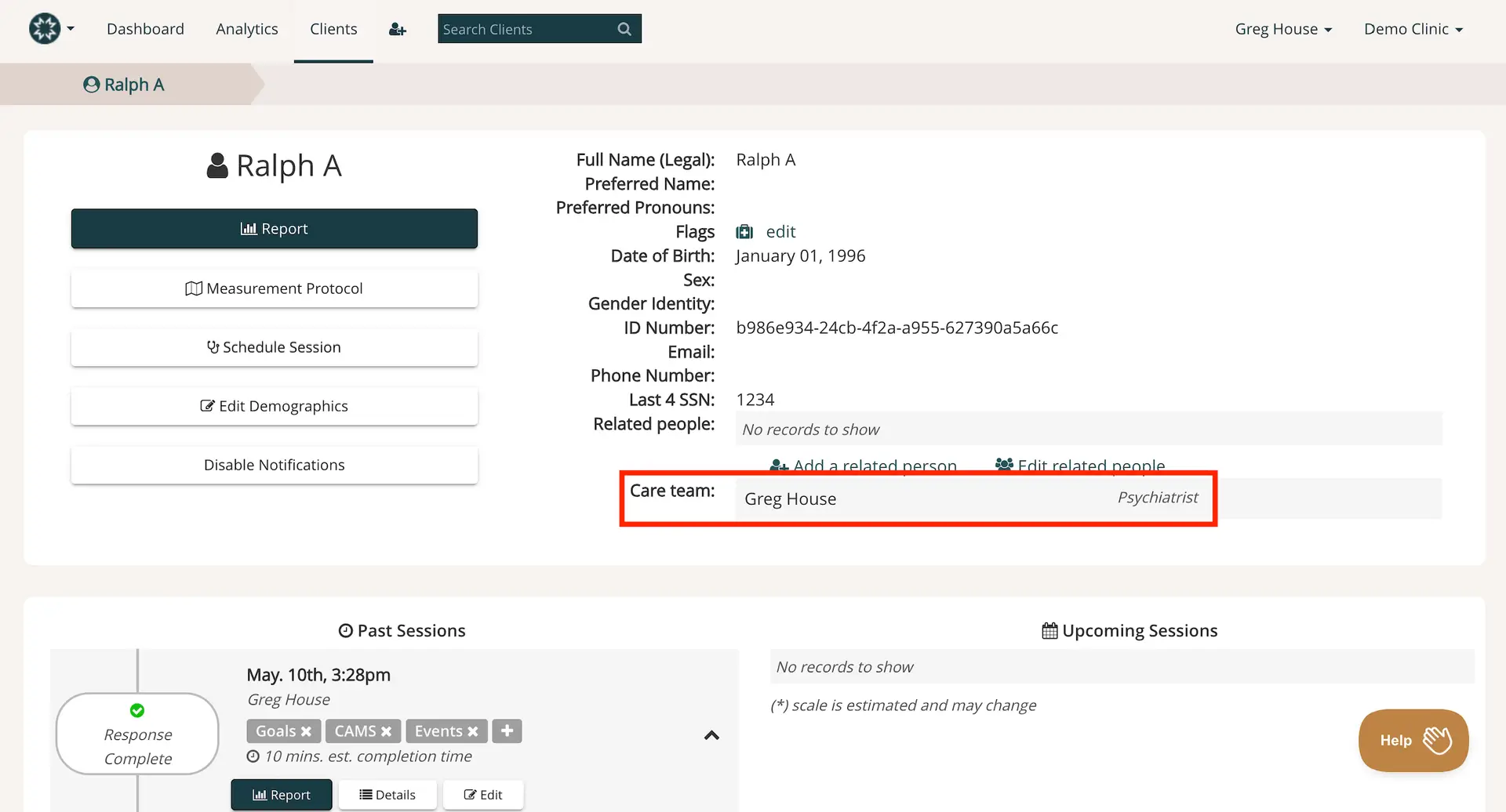 Mirah Measurement-Based Care client profile page for Ralph A showing care team designation