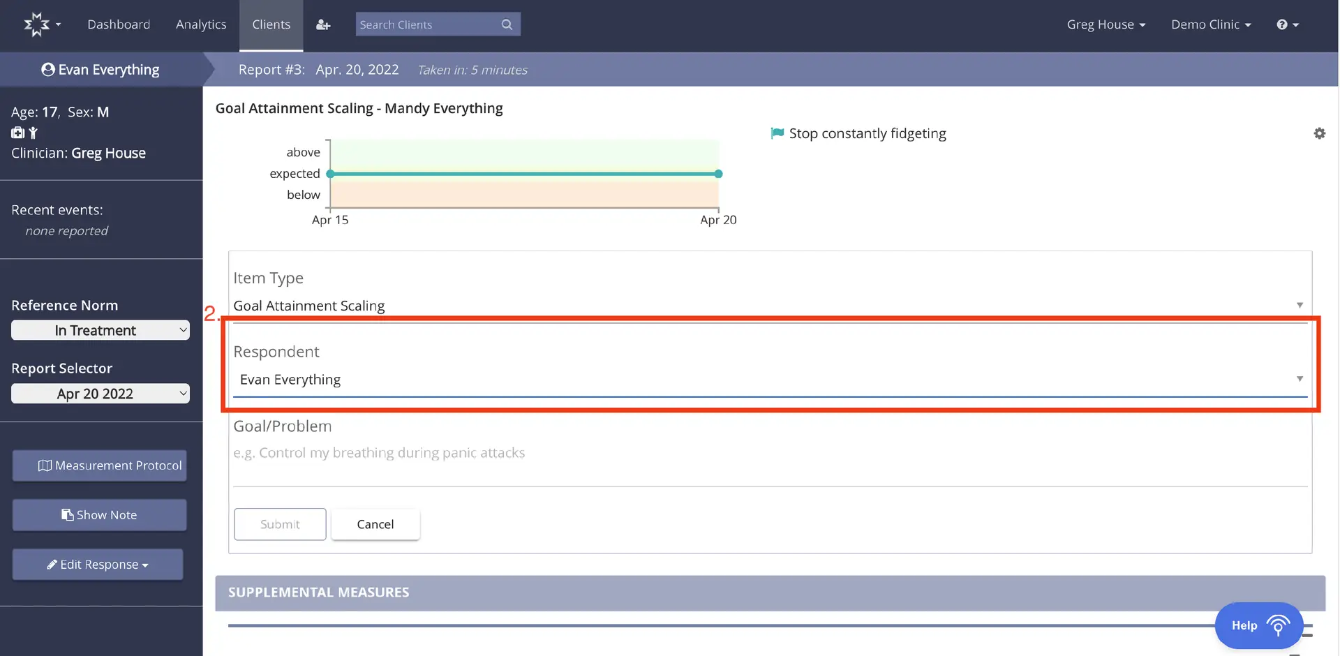 Mirah Measurement-Based Care - Working with Patients - Goal Attainment Scaling for Evan Everything, Report #3: Apr. 20, 2022