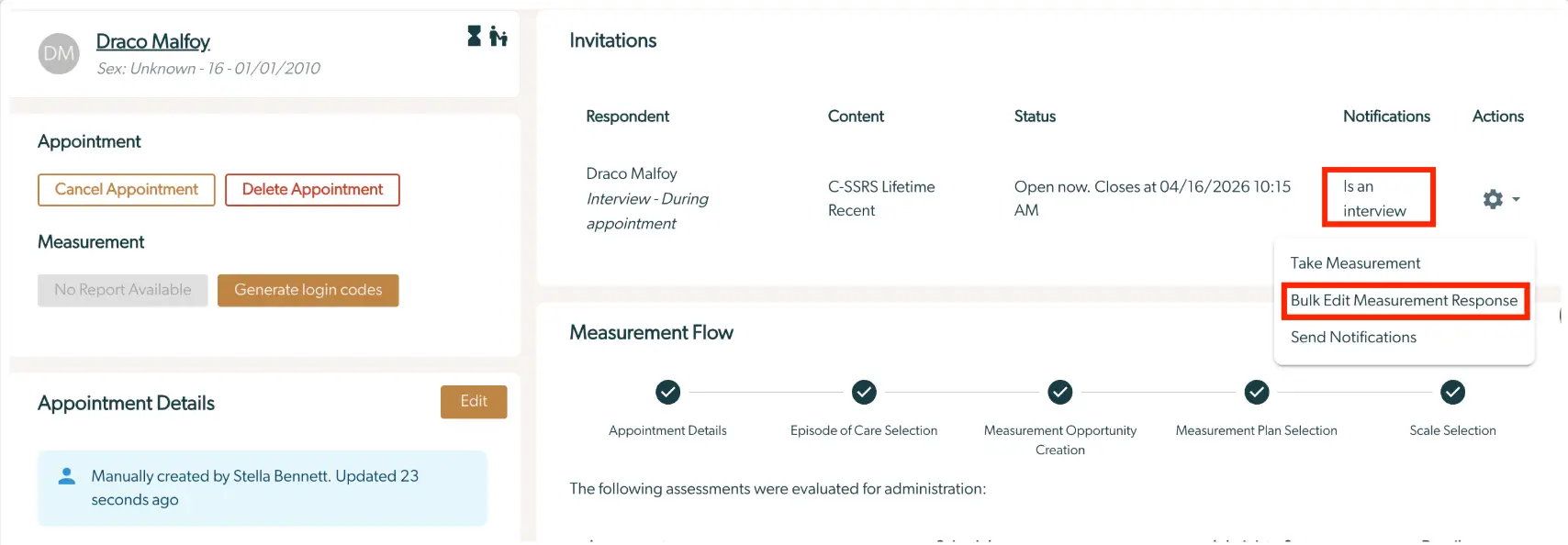 Mirah Measurement-Based Care Provider-Administered Measure Interface for Draco Malfoy