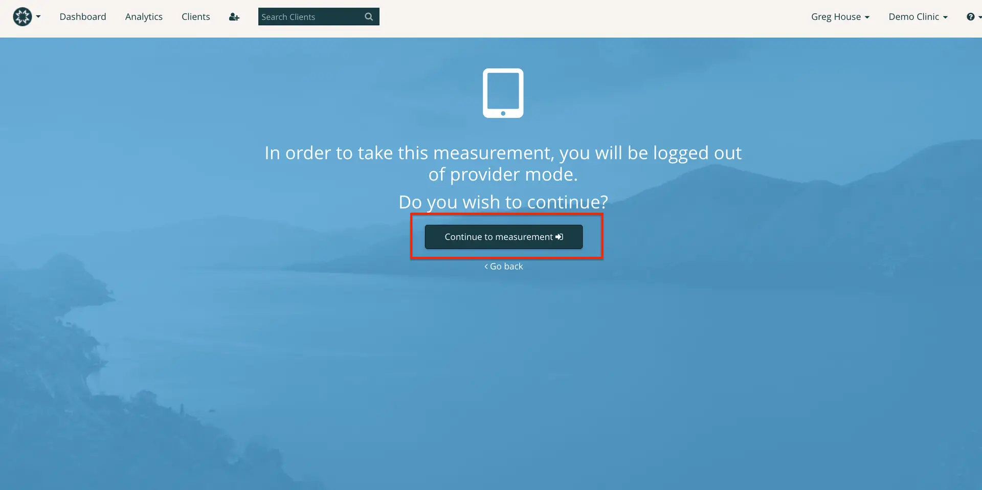 Mirah Measurement-Based Care - Sending Clients Measures In-Session screen with options to continue to measurement or go back.