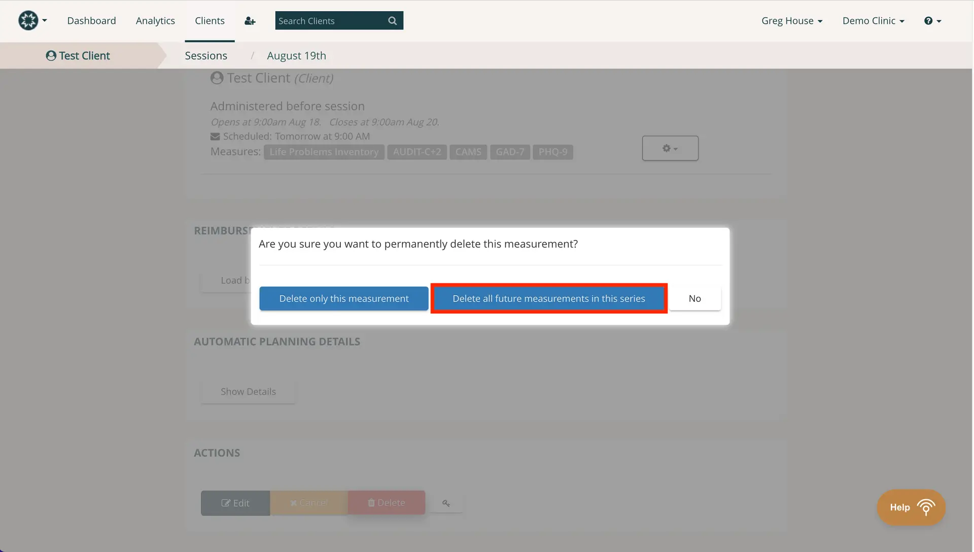 Mirah Measurement-Based Care - Sessions for Test Client on August 19th, confirmation dialog for deleting measurements