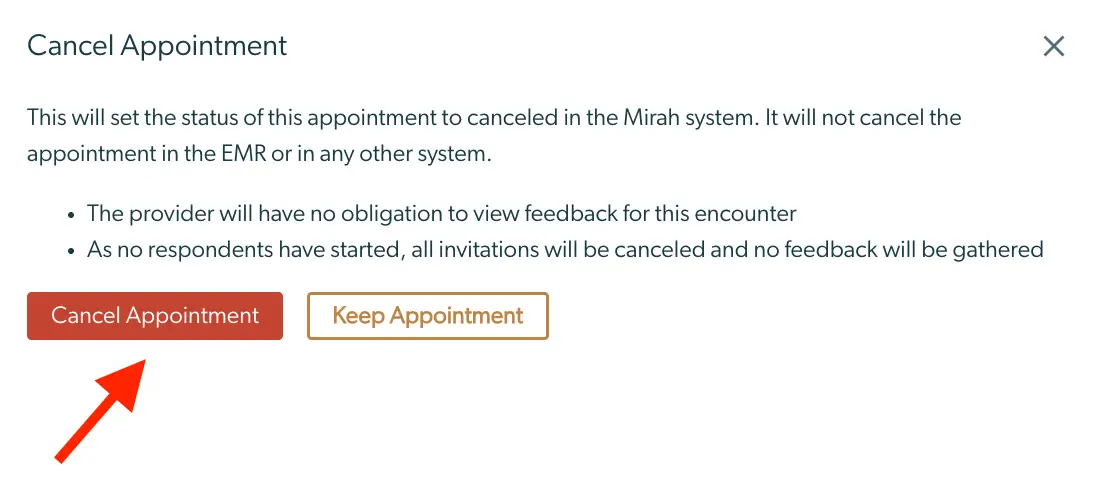Mirah Measurement-Based Care - Cancel Appointment screen