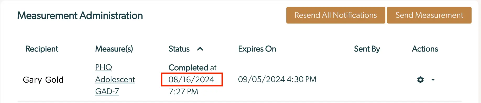 Measurement Administration - Enhanced Feedback Report for Gary Gold showing completed status and expiration date.