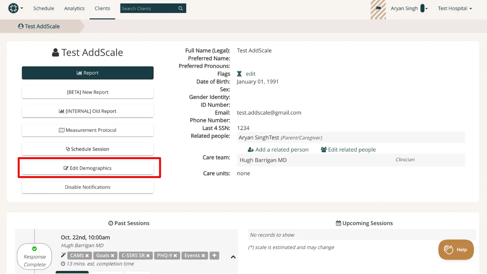 Mirah Measurement-Based Care - Edit Patient Demographics for Test AddScale