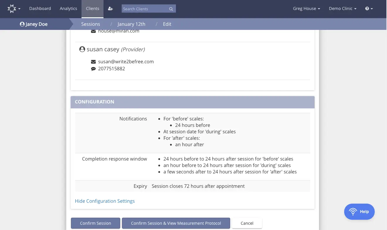 Mirah Measurement-Based Care session configuration settings for January 12th