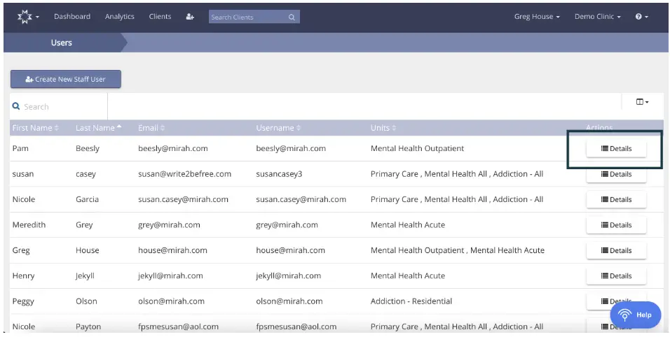 Mirah Measurement-Based Care Users page showing user management table with details buttons.