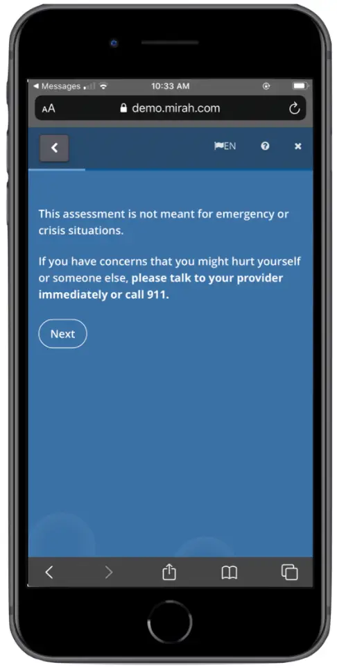 Mirah Measurement-Based Care assessment warning screen