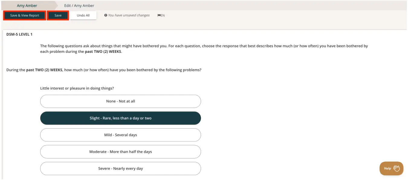 Mirah Measurement-Based Care editing screen for DSM-5 Level 1 responses for Amy Amber.